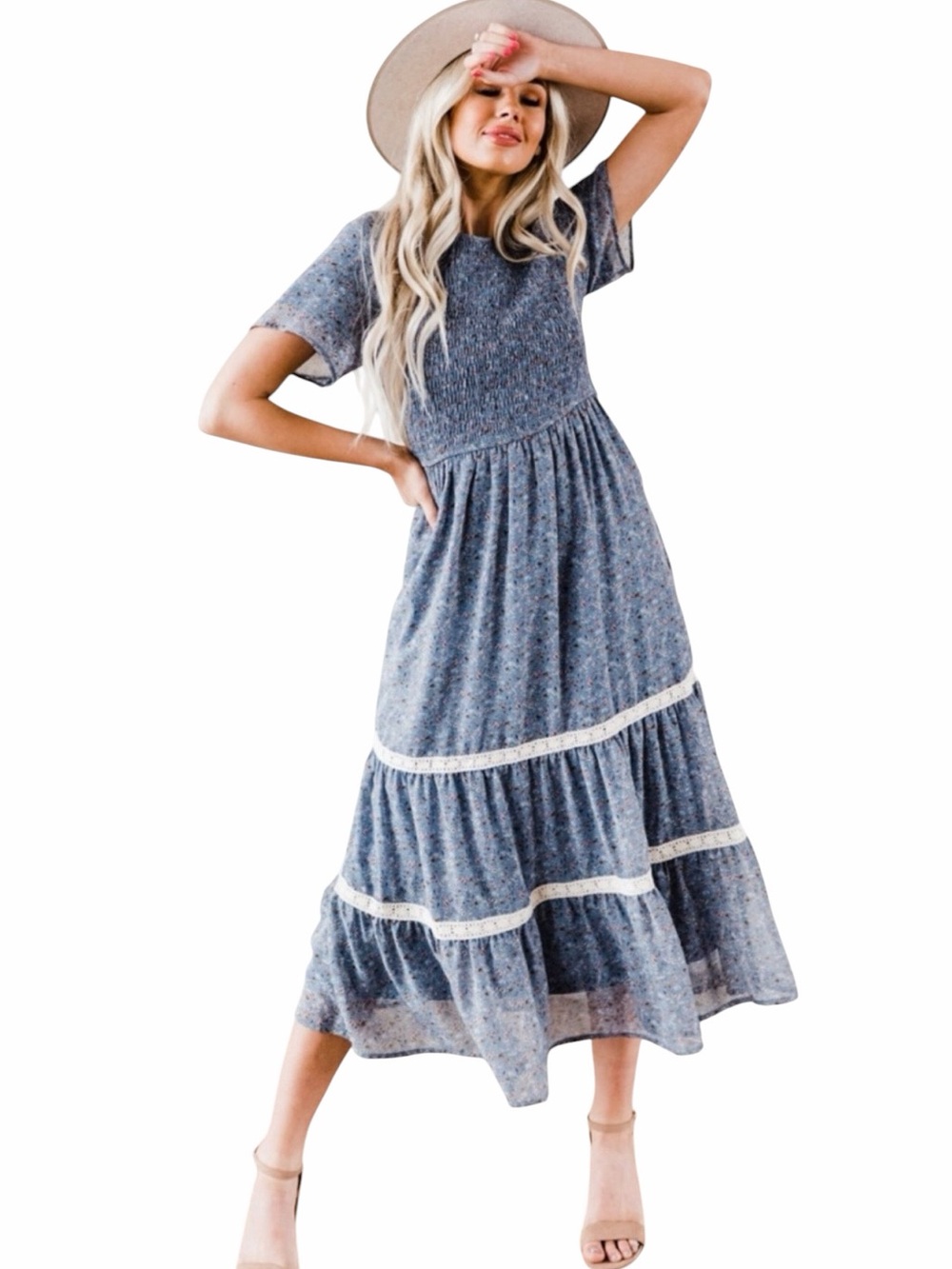 FEHRNVI Blue with Floral Smocked Midi Dress Size M